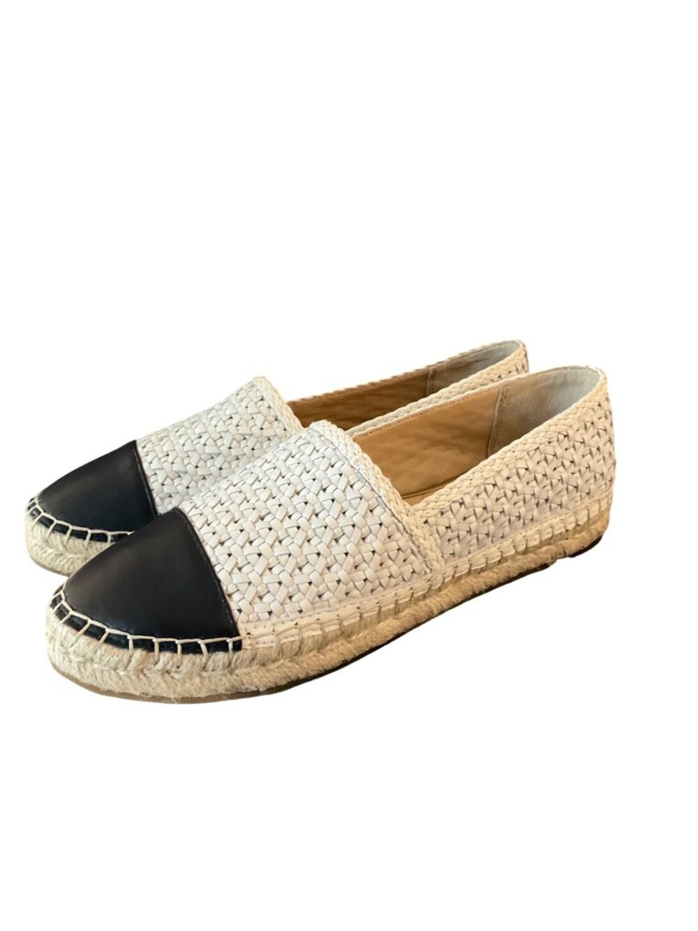 J. McLaughlin Redding 2 Espadrille  Woven White Leather Upper Navy Cap Toe  8.5